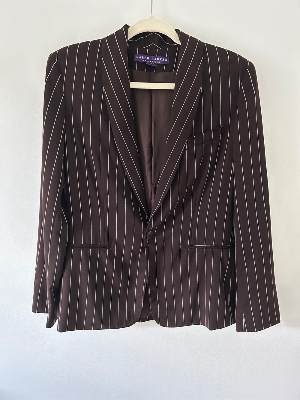 Ralph Lauren Purple Label Brown Pinstripe Blazer Size 8 Wool Tailored Vintage
